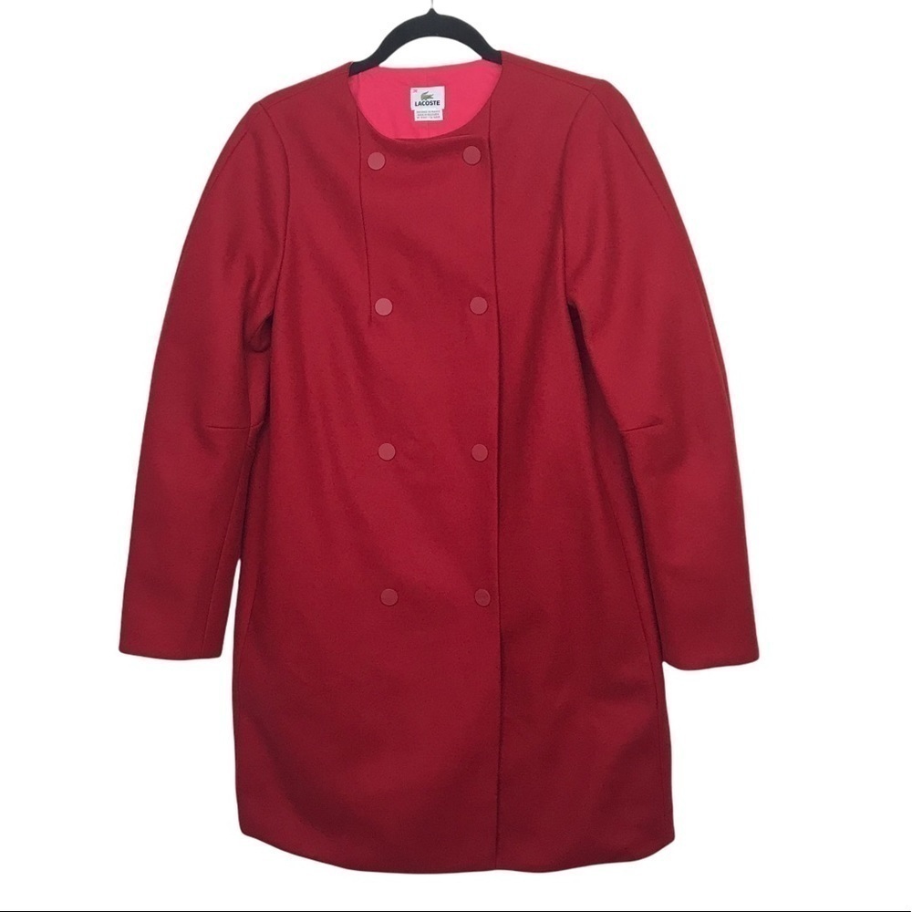 Lacoste Red Wool Blend Collarless Coat